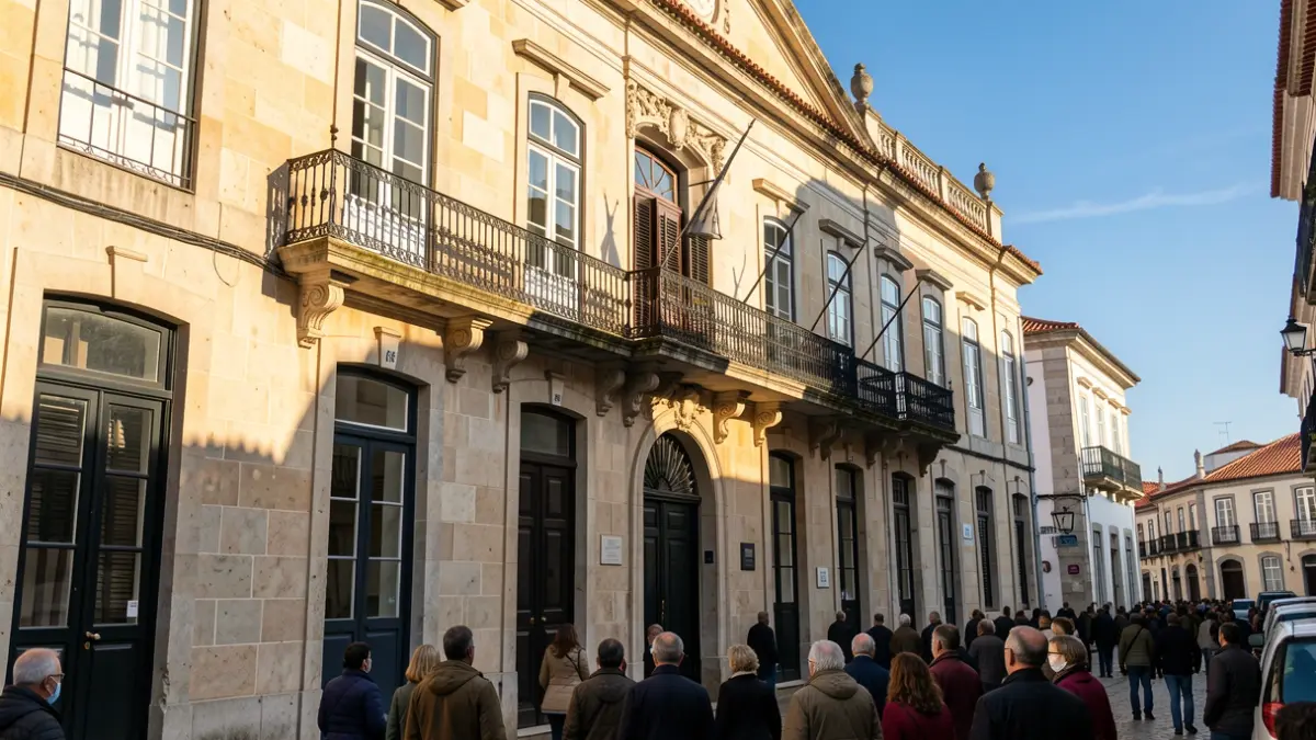 Imagen genérica de una fachada de Ayuntamiento portugués con balcón ornamentado y barandillas de hierro, cálida luz solar de tarde proyectando sombras en las paredes de arenisca, cielo azul.
