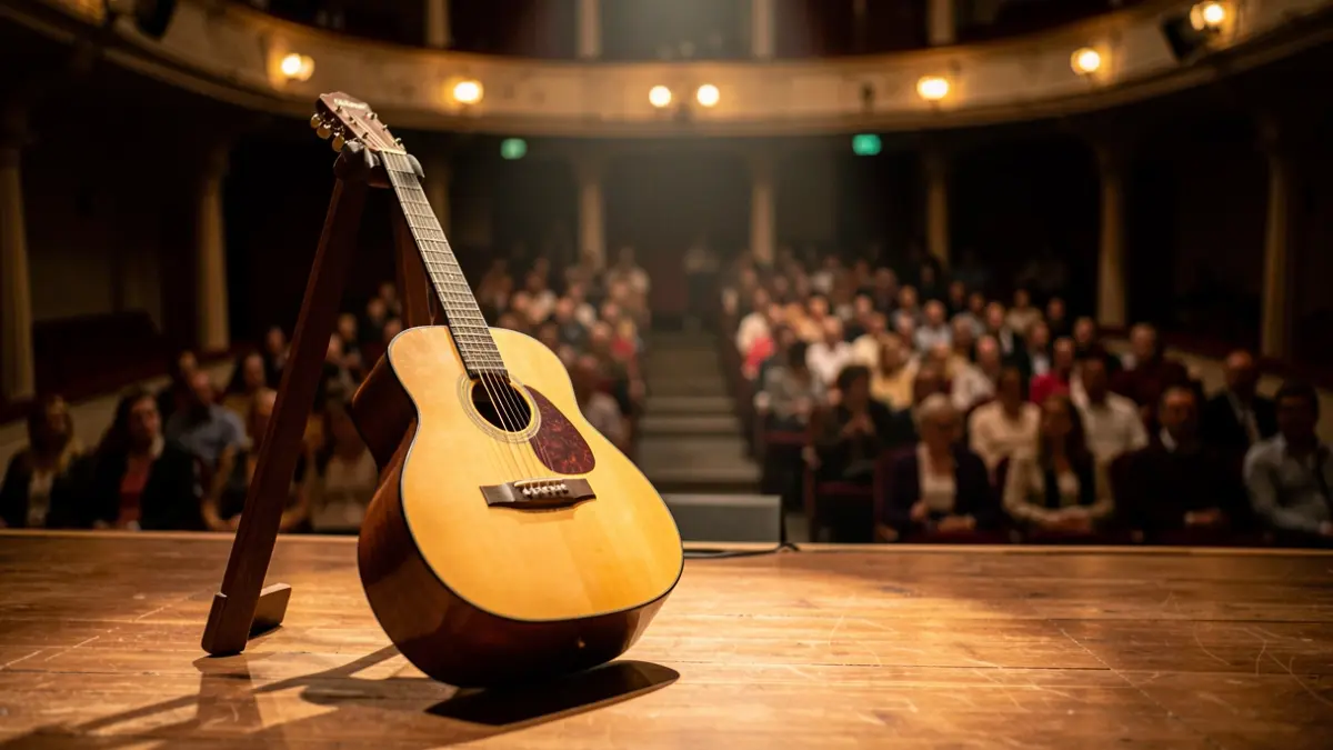 Imagen genérica de una guitarra acústica en un escenario, con enfoque en la iluminación ambiental y estética cultural portuguesa.