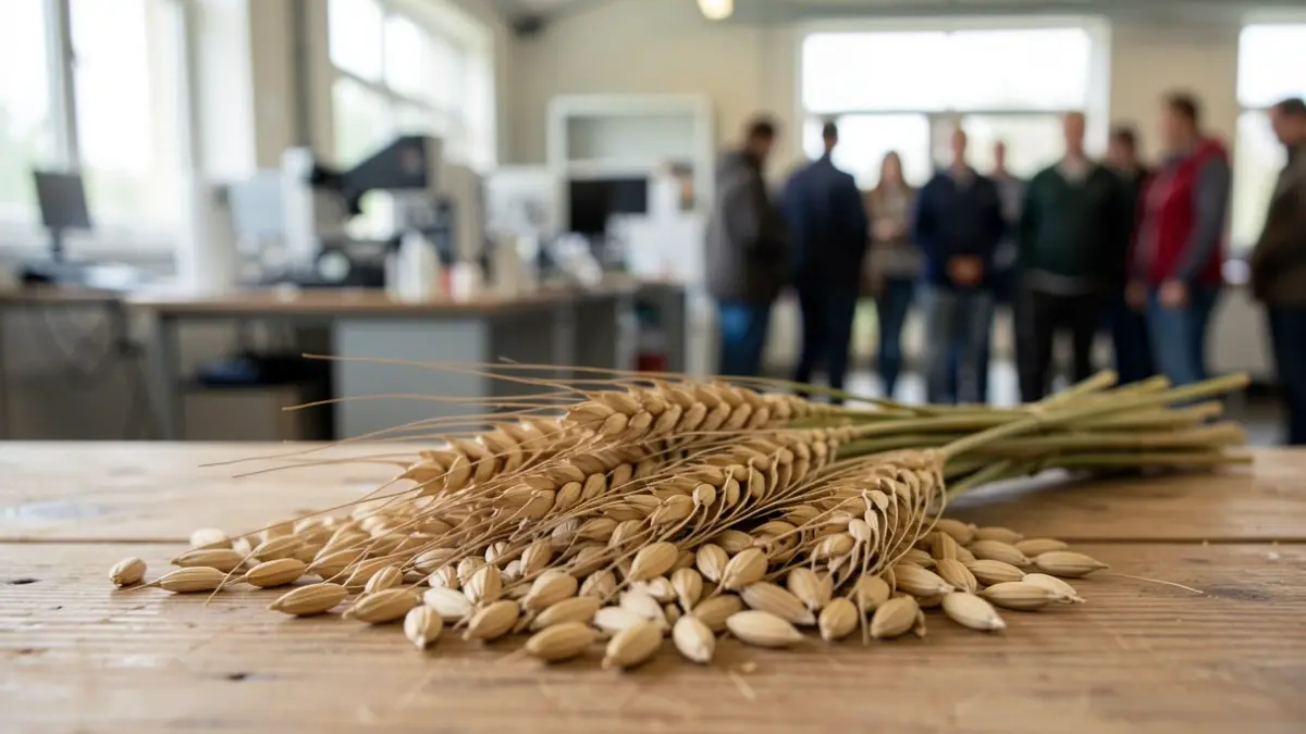 Imagen genérica de granos de trigo en primer plano sobre una superficie de madera, representando la agricultura y la investigación.