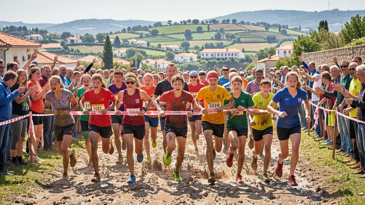 Imagem genérica de atletas a cruzar uma meta numa corrida de obstáculos, com público a assistir.