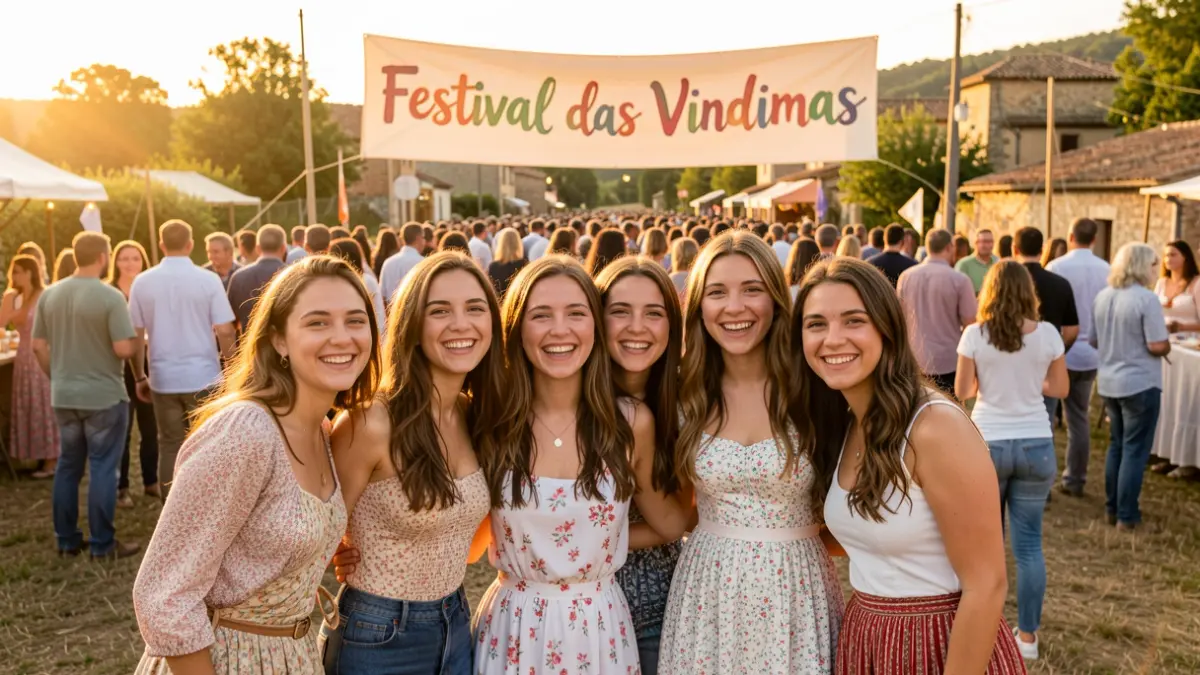 Imagem genérica de um grupo de jovens mulheres a sorrir num festival rural com uma faixa 'Festival das Vindimas' ao fundo.