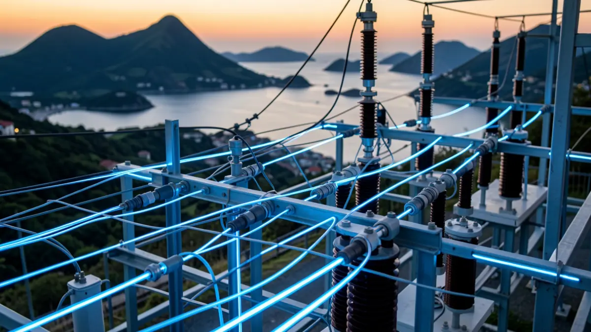 Imagen genérica de complejas infraestructuras de red eléctrica con líneas de energía azules brillantes y subestaciones.