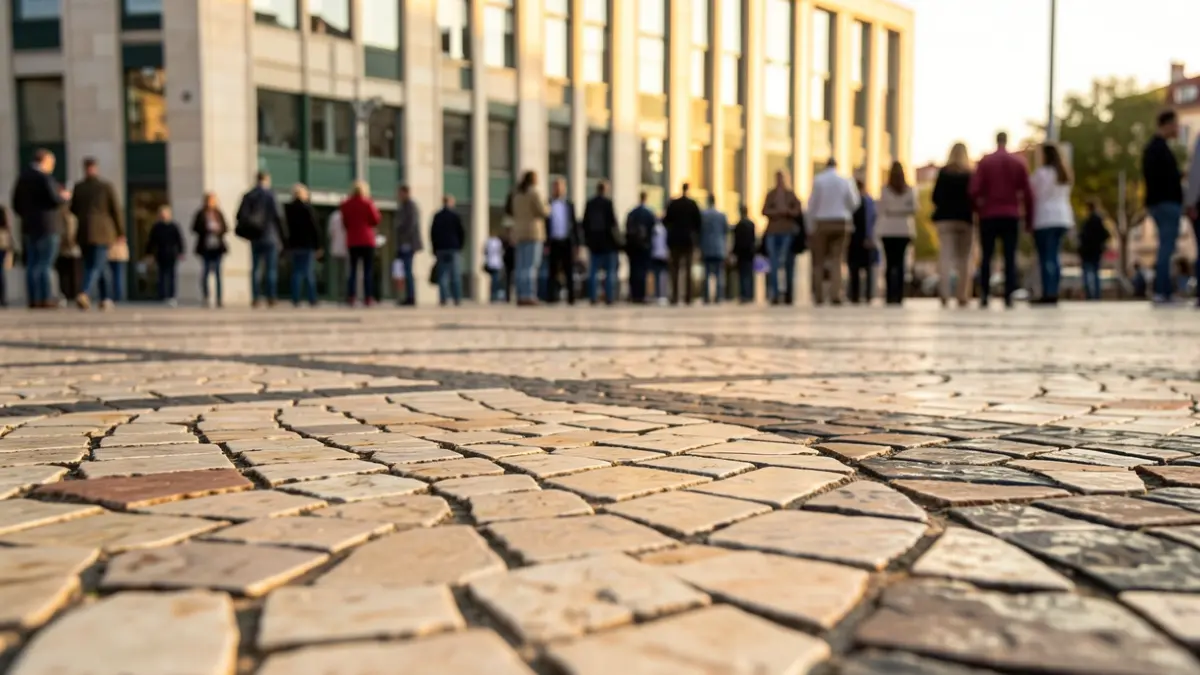 Generic image of a Portuguese pavement pattern with a blurred office building facade in the background, warm afternoon light.