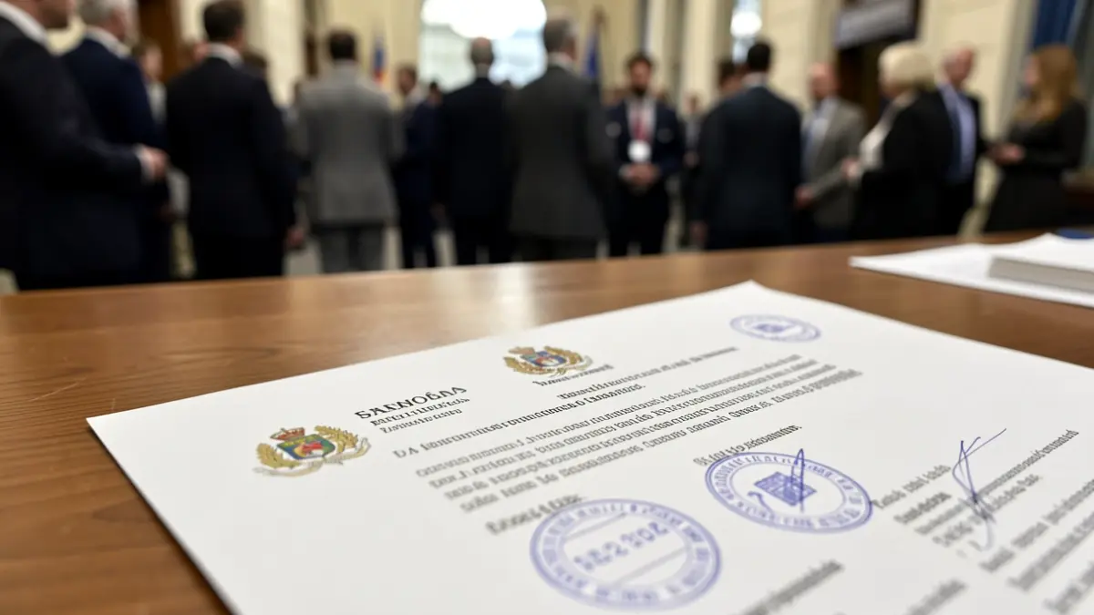Image of an official document with seals and stamps on a wooden desk, with professional lighting.