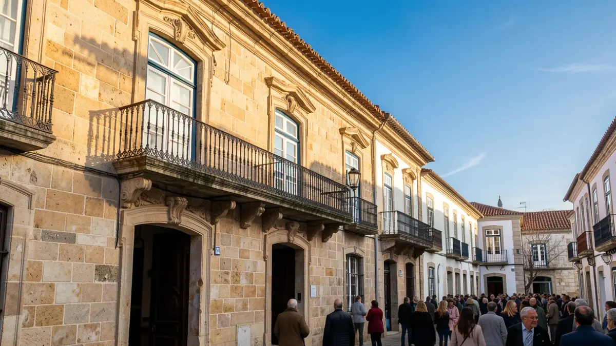 Generic image of a stone public building facade with an ornate balcony and afternoon sunlight, Portuguese architecture.
