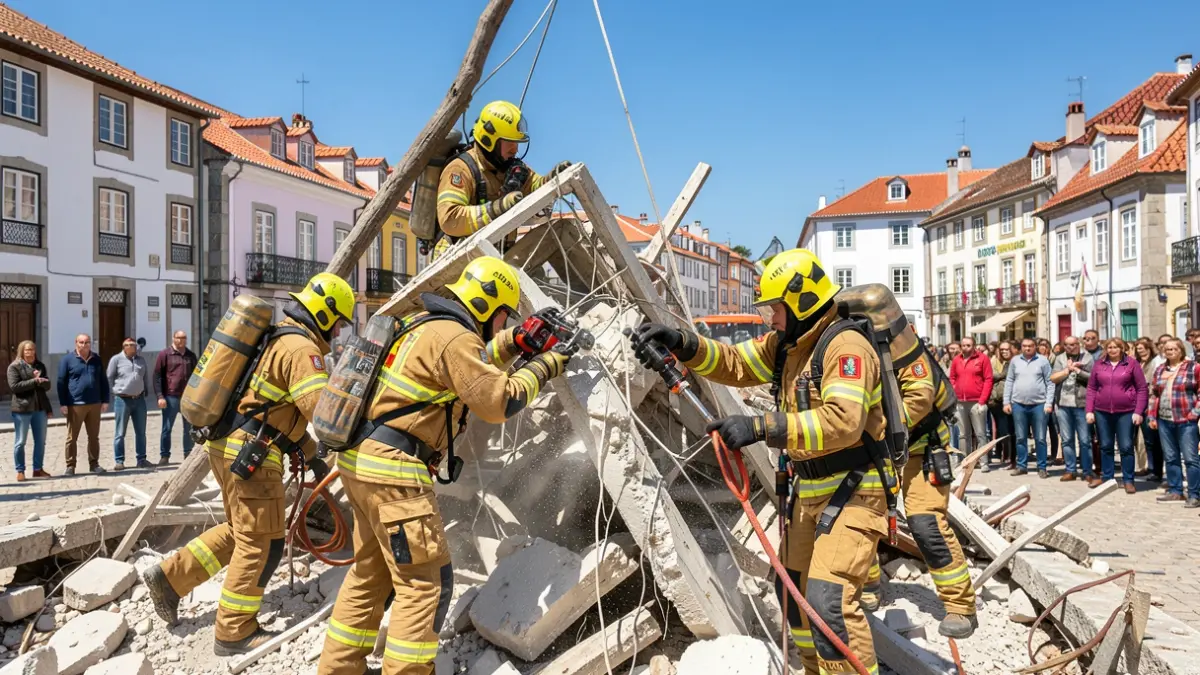 Imagem genérica de bombeiros em equipamento especializado a realizar uma operação de busca e resgate simulada, com arquitetura portuguesa ao fundo.