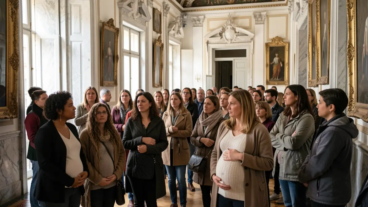 Mulheres grávidas e mães num encontro sobre amamentação num edifício histórico em Mafra.