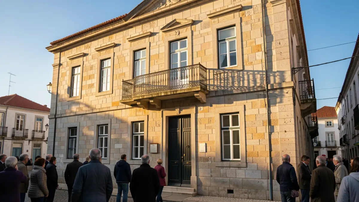 Fachada da Junta de Freguesia de Alferce, um edifício de pedra tradicional português com varanda ornamentada e grades de ferro, sob a luz quente da tarde.