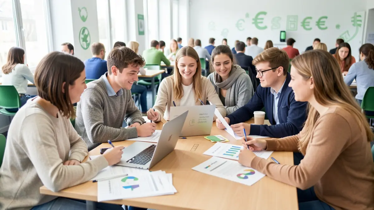 Imagem genérica de estudantes a colaborar em torno de uma mesa com papéis e um portátil, discutindo soluções ambientais e financeiras.
