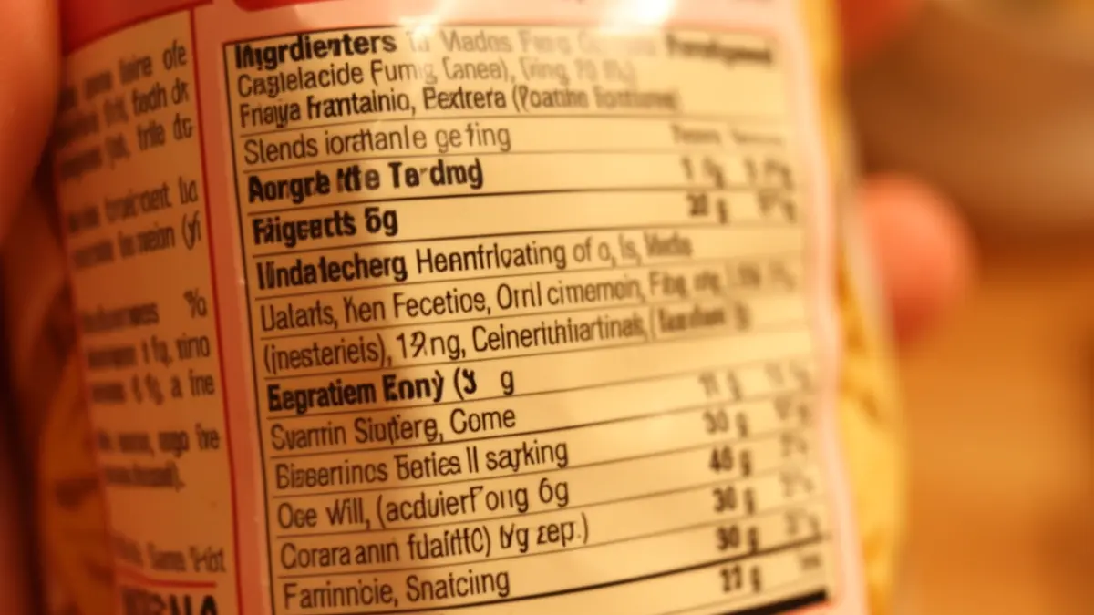 Imagen genérica de una etiqueta de envase alimentario con información nutricional y lista de ingredientes.