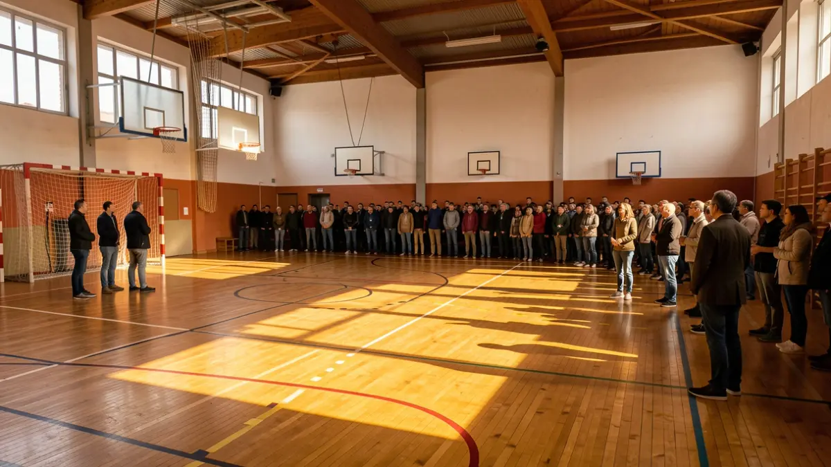 Imagem genérica de um pavilhão desportivo português com cestos de basquetebol.