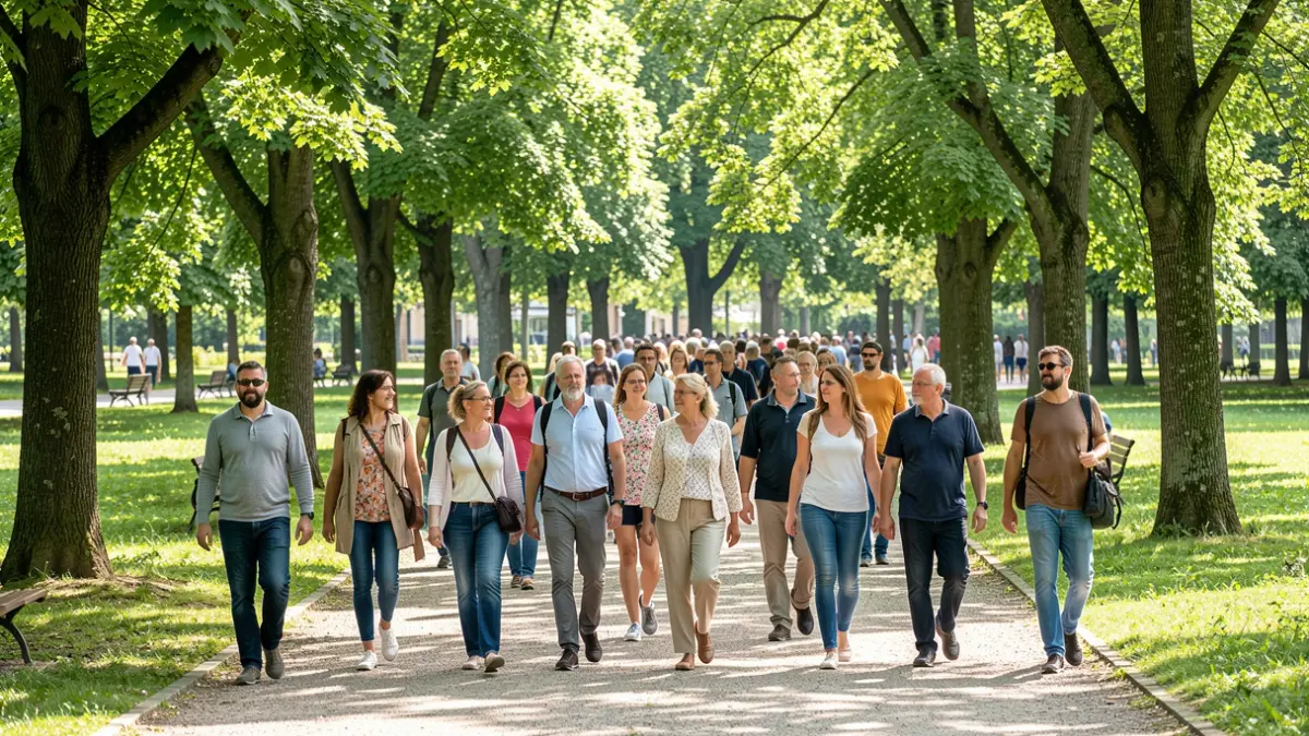 Imagem genérica de um grupo de pessoas a caminhar num parque, com árvores e luz solar.