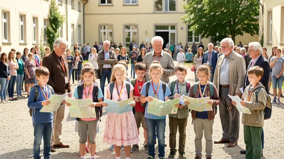 Imagem genérica de alunos a participar numa atividade de orientação escolar com mapas e bússolas.