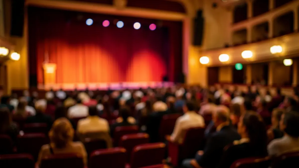 Imagem genérica de um auditório português à noite, com luzes de palco e assentos vazios.