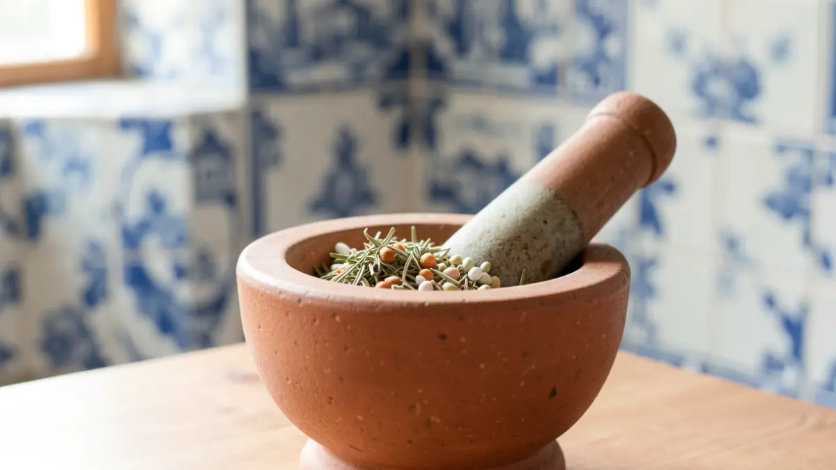 Imagem genérica de um almofariz com ervas medicinais, com azulejos portugueses desfocados ao fundo.