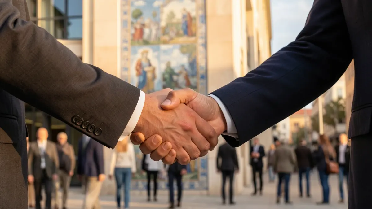 Imagen genérica de un apretón de manos entre dos personas en traje de negocios, con un fondo desenfocado de una fachada de edificio de oficinas moderno con azulejos portugueses, luz cálida de la tarde.