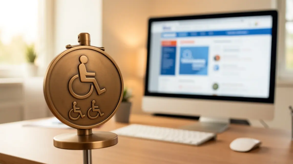 Imagem genérica de uma interface digital com um selo de bronze e ícones de acessibilidade.