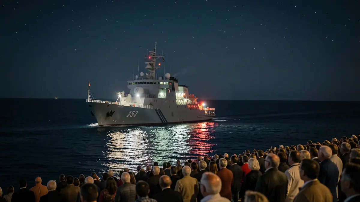 Imagem genérica de um navio da Marinha Portuguesa a realizar uma operação de resgate no mar durante a noite.