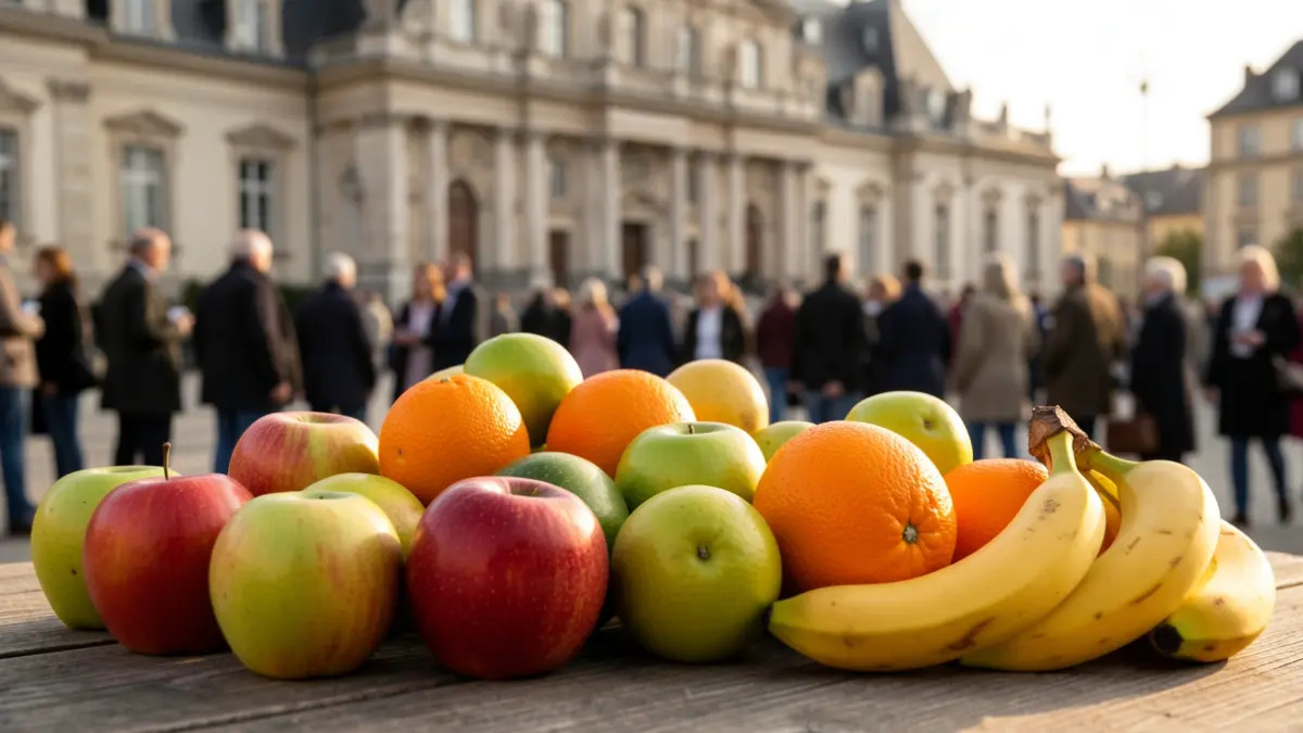 Generic image of a variety of fresh fruits arranged on a wooden table, with a blurred background of a municipal building.