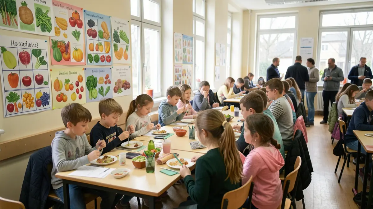 Generic image of children in a classroom participating in an educational activity about healthy eating, with colorful posters about fruits and vegetables on the wall.