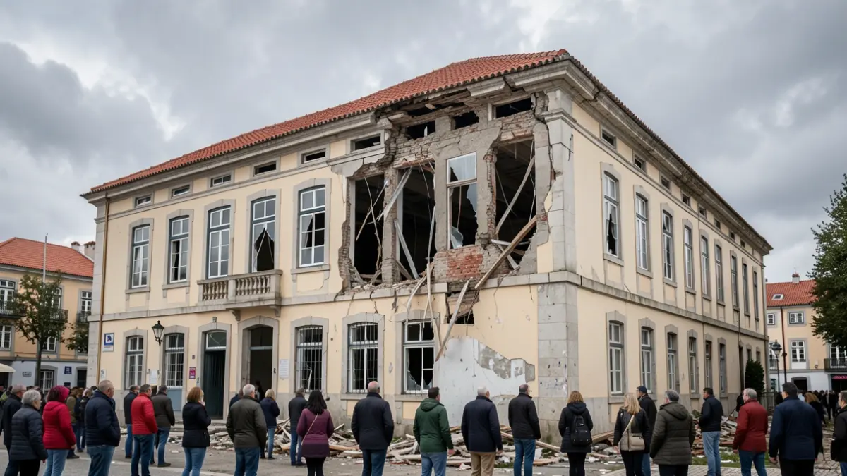 Imagen genérica de un pabellón polideportivo portugués con daños visibles tras una tormenta.
