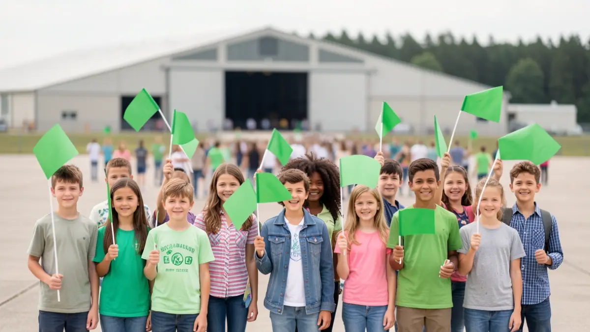 Generic image of a group of children and young adults holding green flags at an environmental education event.