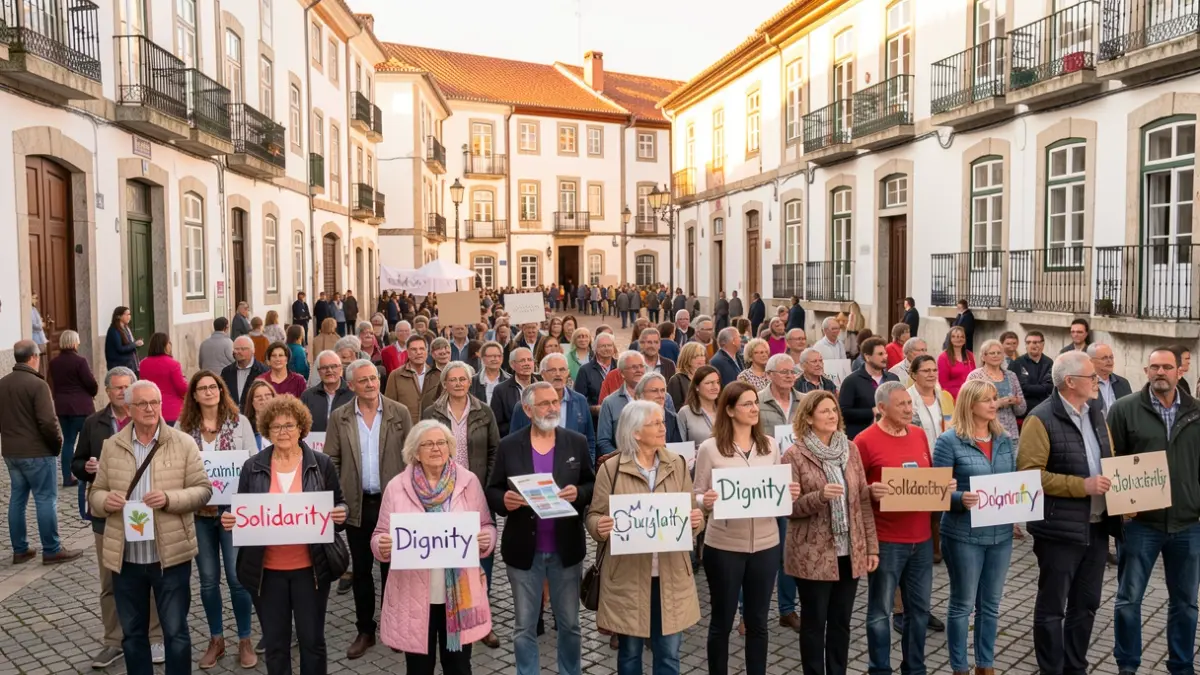 Imagen de un evento comunitario en Marinha Grande con personas celebrando la solidaridad y la dignidad.