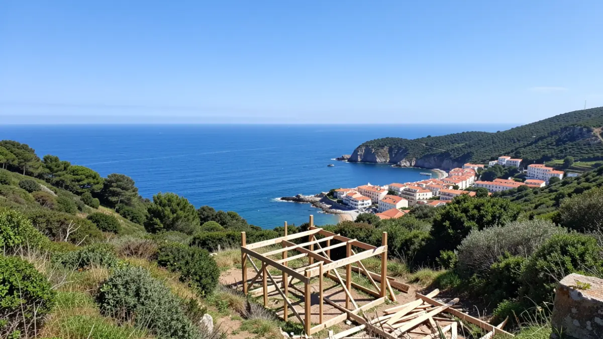 Generic image of a viewpoint overlooking the ocean and a coastal village, with construction elements in progress.