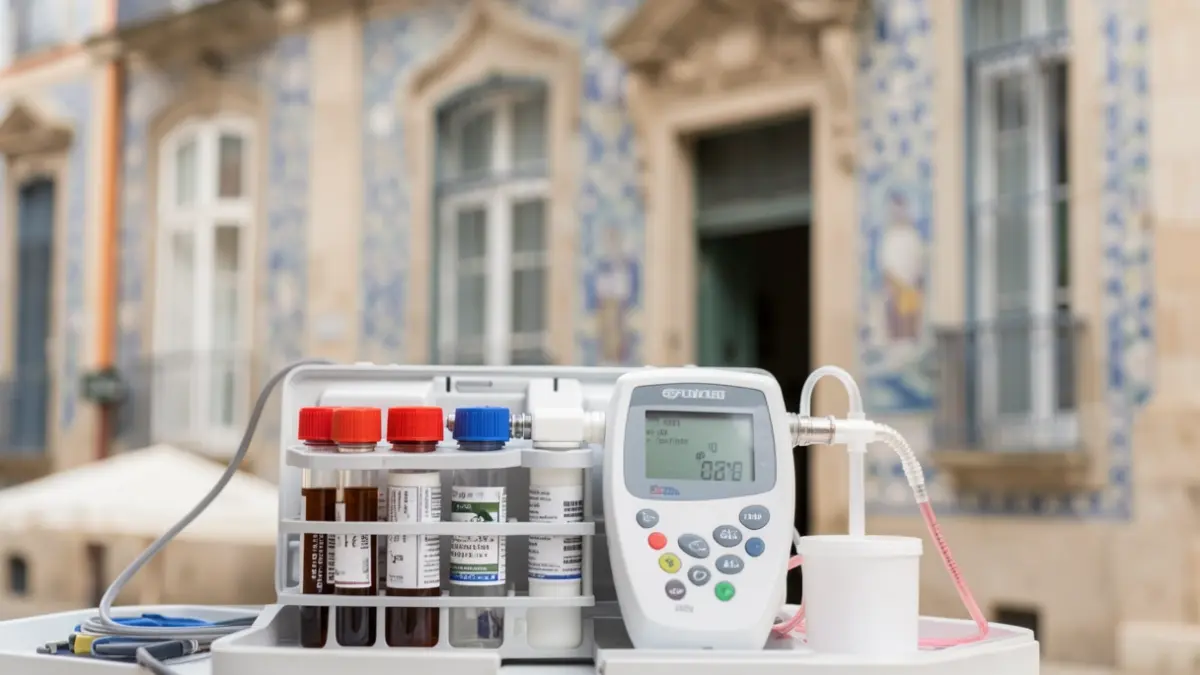 Generic image of a water quality testing kit with vials and a digital meter, against a blurred background of a Portuguese town hall facade with traditional azulejo tiles.