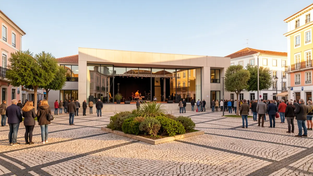 Imagen genérica de un centro cultural moderno con una plaza pública alrededor.
