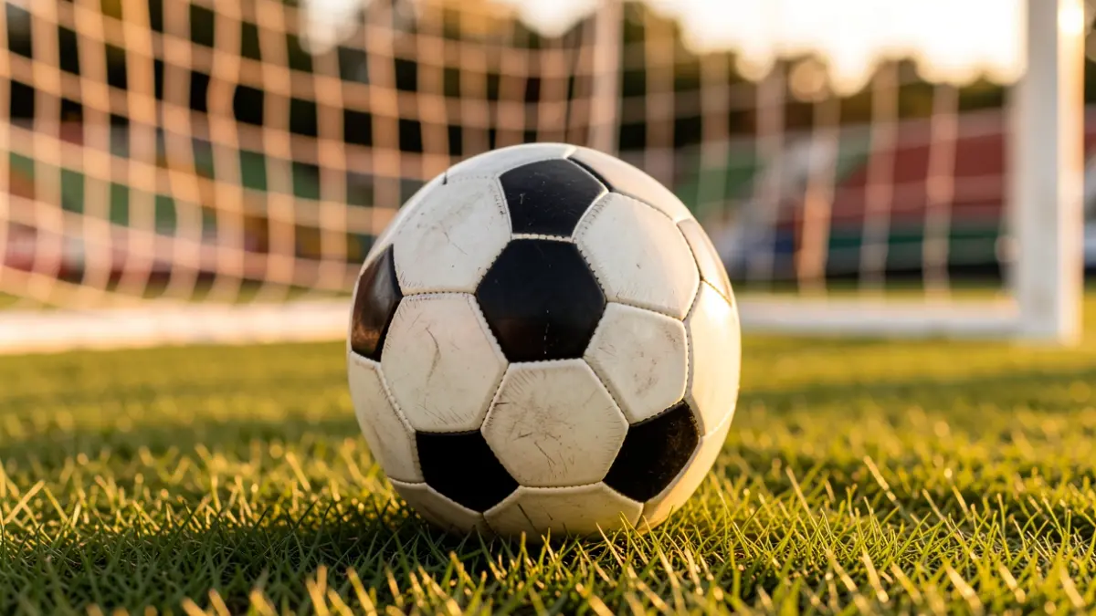 Imagem genérica de uma bola de futebol em campo relvado ao pôr do sol.
