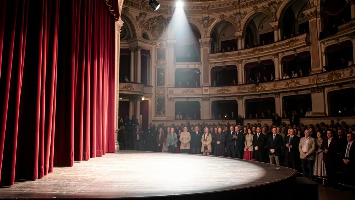 Imagen genérica de un escenario de teatro portugués con cortinas de terciopelo y foco.