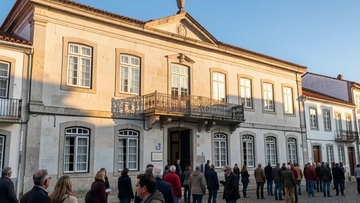 Generic image of a Portuguese municipal building with a stone facade and ornate balcony, under afternoon sunlight.