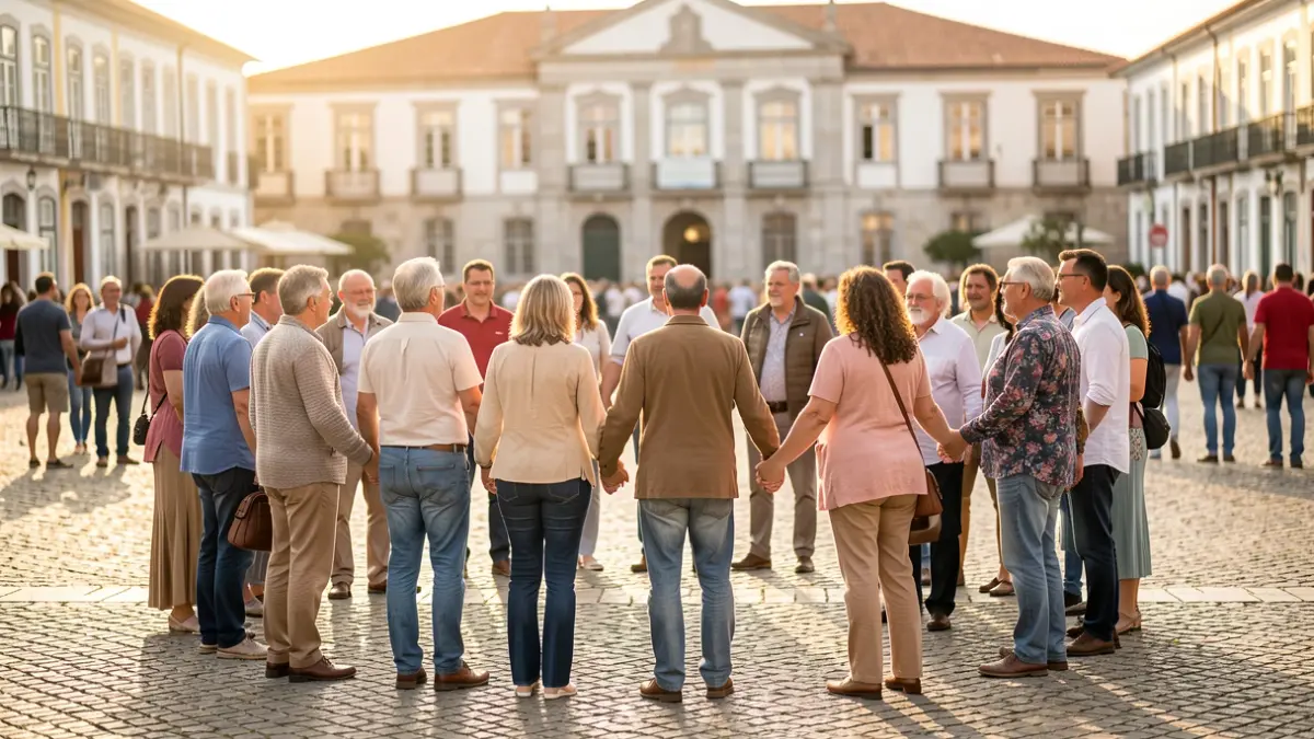 Imagem genérica de um grupo diverso de pessoas de várias idades e origens de mãos dadas num círculo numa praça de calçada portuguesa, com um edifício municipal desfocado ao fundo.