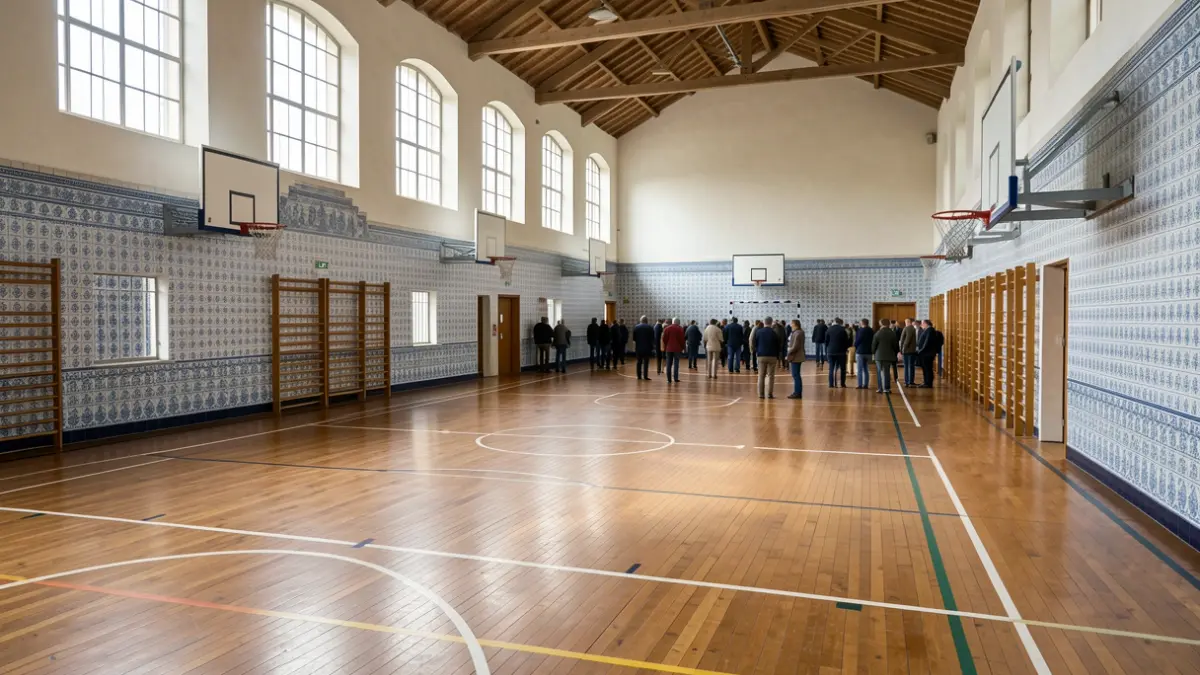 Pabellón deportivo interior vacío con canastas de baloncesto, luz natural suave, elementos arquitectónicos portugueses.