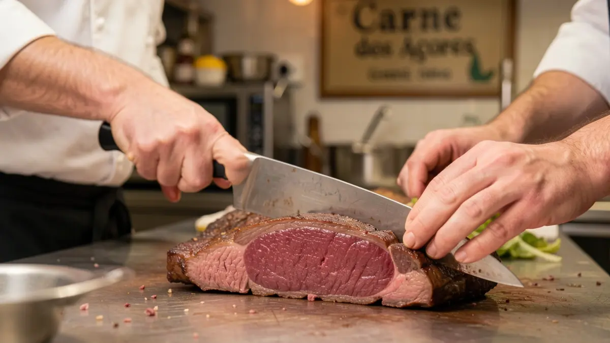 Imagen genérica de manos de chef cortando carne de alta calidad, con enfoque en la textura y excelencia del producto.