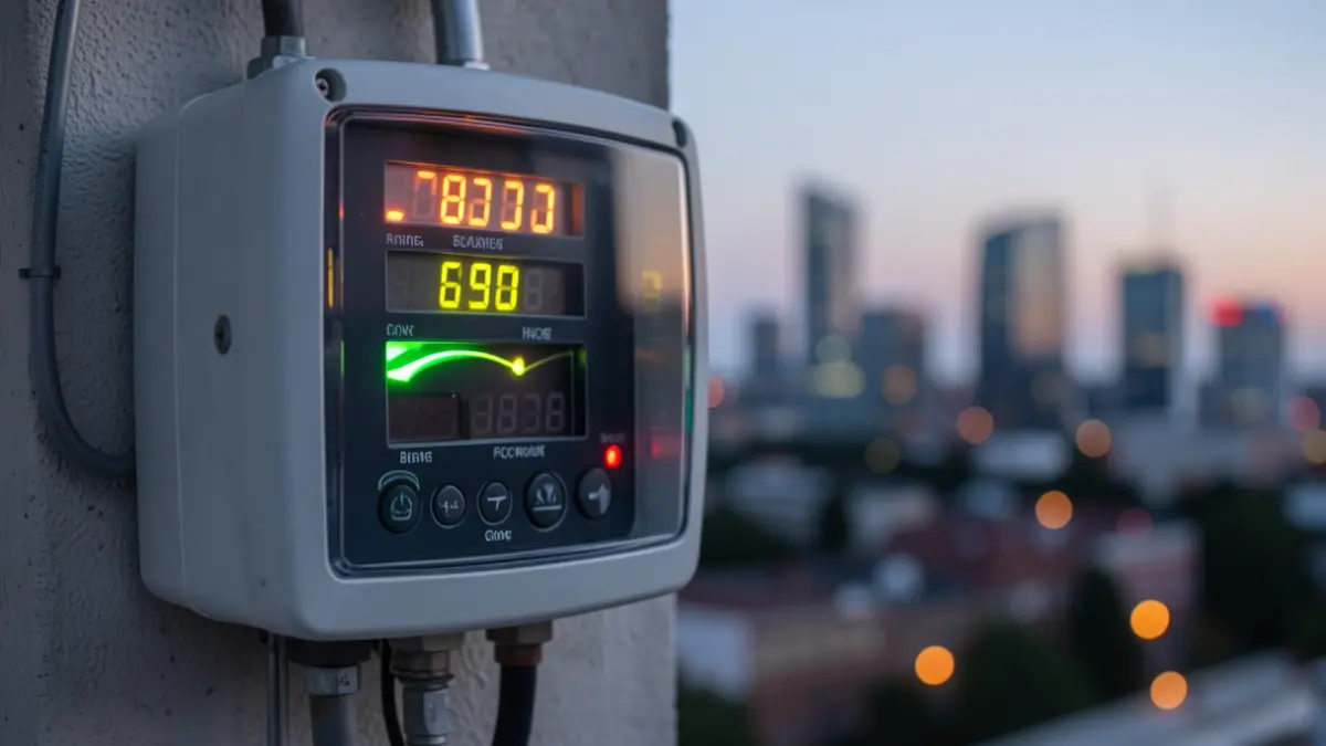 Imagem genérica de um contador de energia renovável com leituras digitais brilhantes, em foco, com um horizonte urbano europeu desfocado ao anoitecer.