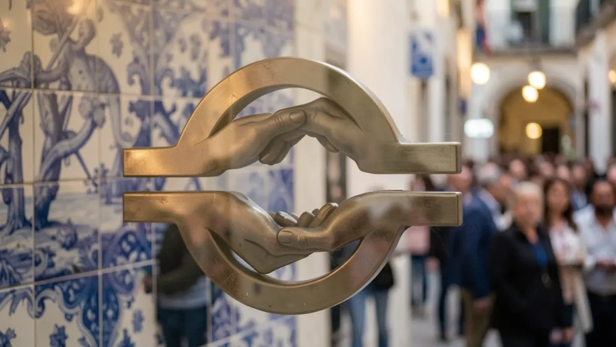 Imagem genérica de um símbolo de igualdade estilizado com mãos entrelaçadas sobre azulejos portugueses.