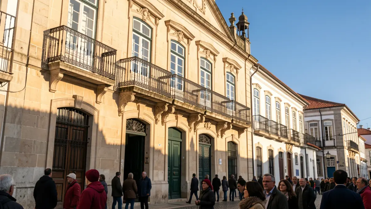 Imagem da fachada de um edifício municipal em Portugal, com luz solar de tarde.