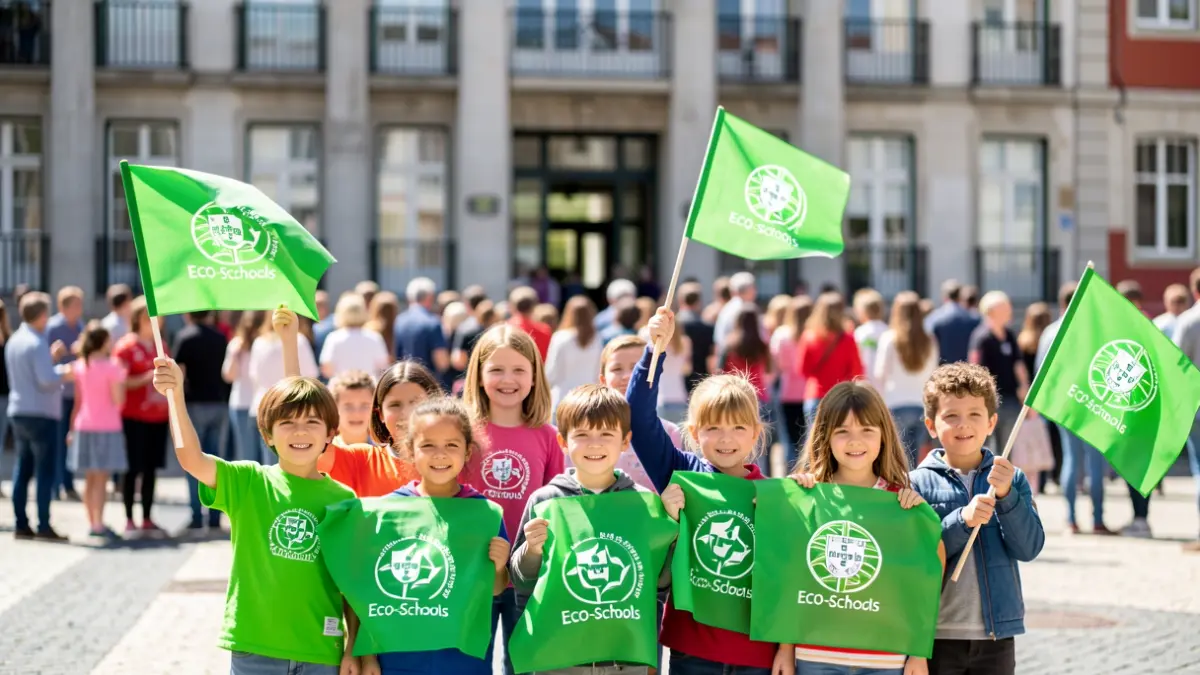 Crianças portuguesas com bandeiras verdes do programa Eco-Escolas em frente a um edifício municipal.