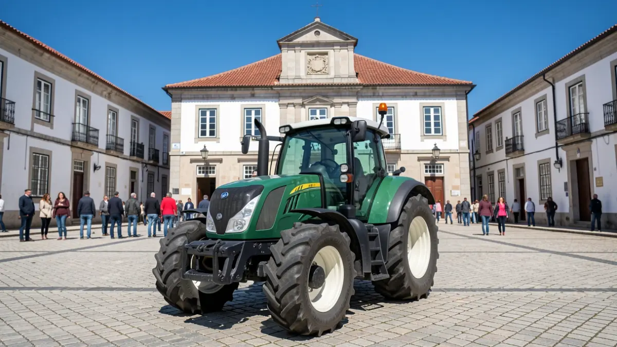 Un tractor nuevo estacionado en una plaza frente a un ayuntamiento portugués.