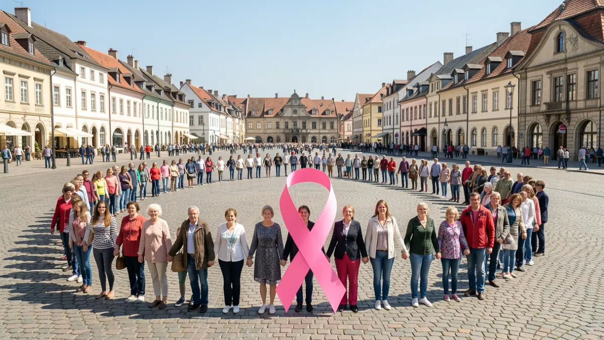 Imagem genérica de uma corrente humana a formar uma fita rosa numa praça pública, com pessoas de diversas idades a participar.