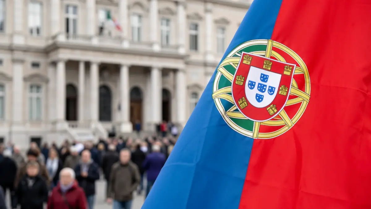 Detalhes da bandeira nacional portuguesa com arquitetura governamental desfocada ao fundo.