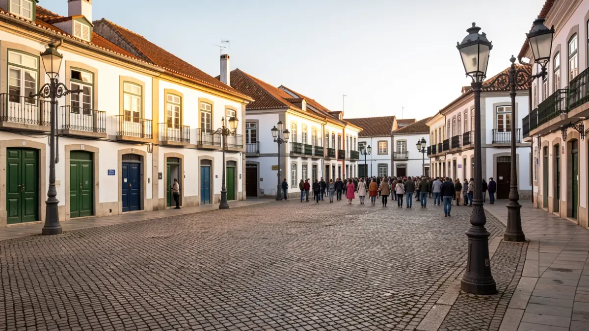 Generic image of a Portuguese square with traditional architecture, cobblestone pavement, and public lighting, under the afternoon sun.