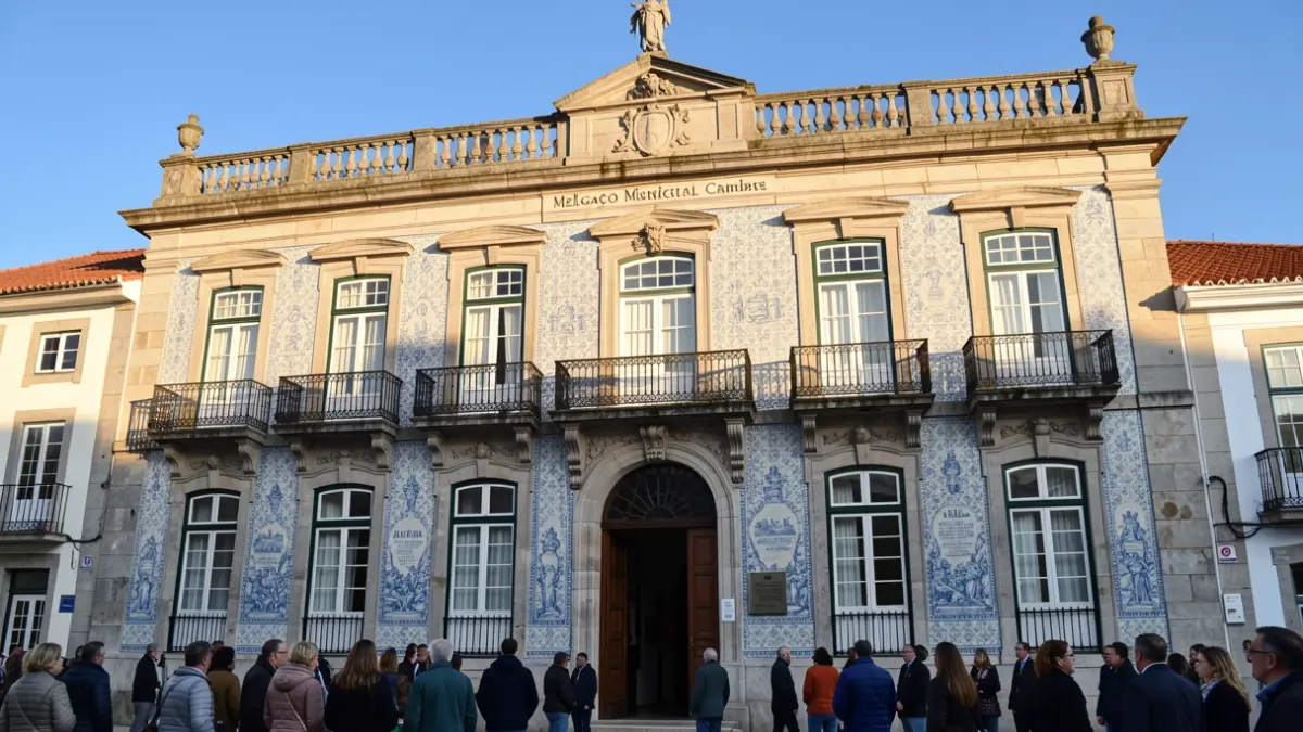Fachada da Câmara Municipal de Melgaço, um edifício histórico português com azulejos e varandas, sob luz solar.