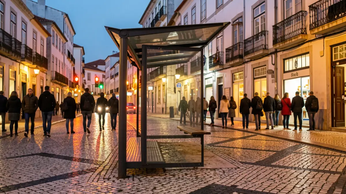 Imagem genérica de uma paragem de autocarro em Portugal com calçada portuguesa, ao entardecer.