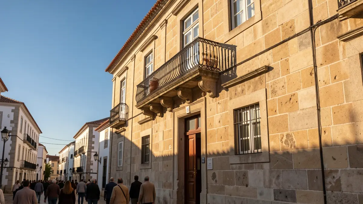 Imagem genérica de uma fachada de edifício municipal em pedra com varanda ornamentada, sob luz solar de fim de tarde.