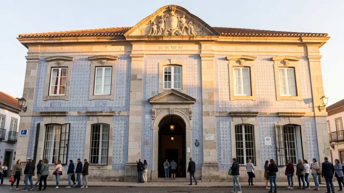 Fachada da Casa da Cultura da Trofa, um edifício cultural português, com luz quente de fim de tarde. Detalhes arquitetónicos subtis como azulejos ou cantaria tradicional portuguesa. Sem pessoas ou texto visível.