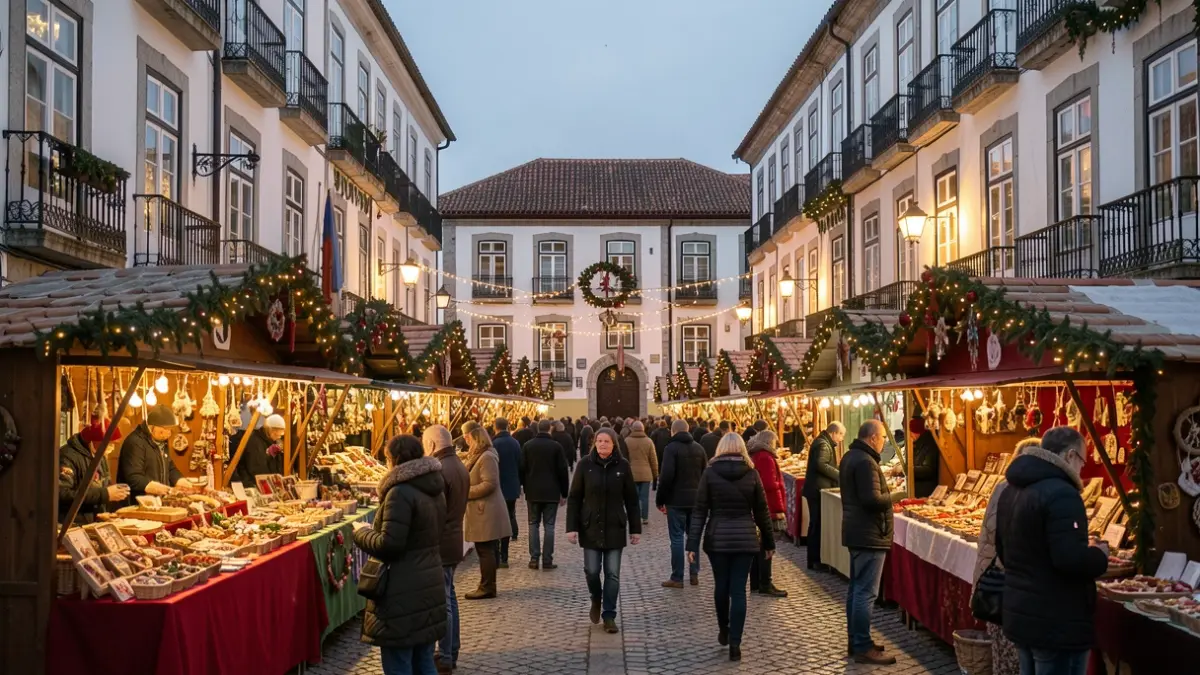 Mercado de Navidad en Montijo con puestos de artesanía y gastronomía.