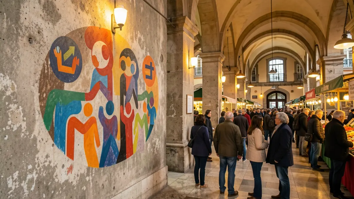 Imagen genérica de un mural colorido pintado en una pared de mercado, con símbolos abstractos de igualdad y comunidad.
